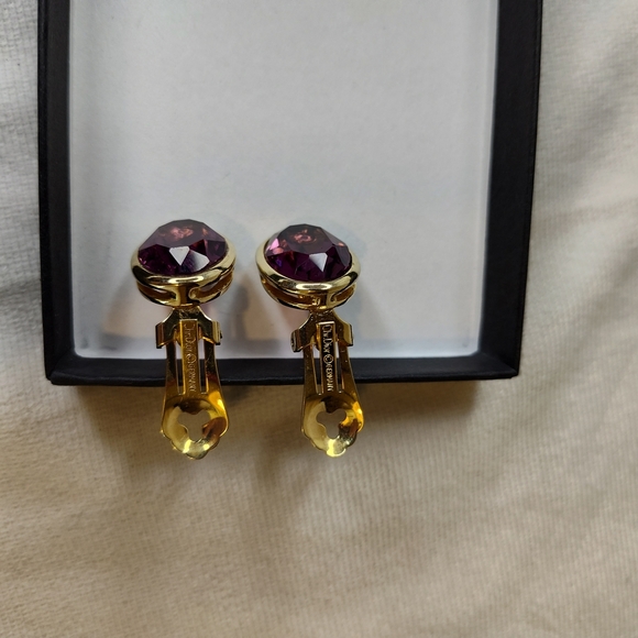 VINTAGE WITH COA Dior Gold and Amethyst Clip-On Earrings EUC with Dust Bag - Picture 7 of 8